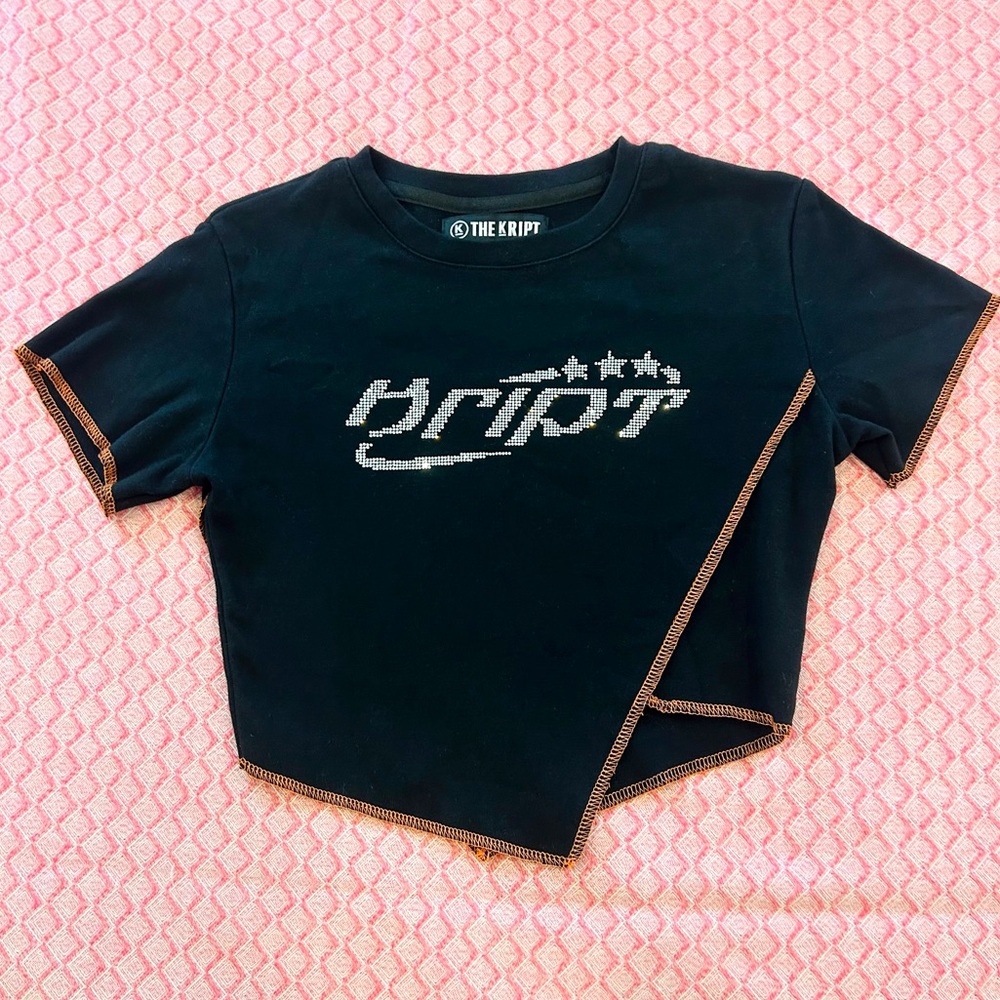 THE KRIPT Rhinestone Asymmetrical Crop Baby Tee